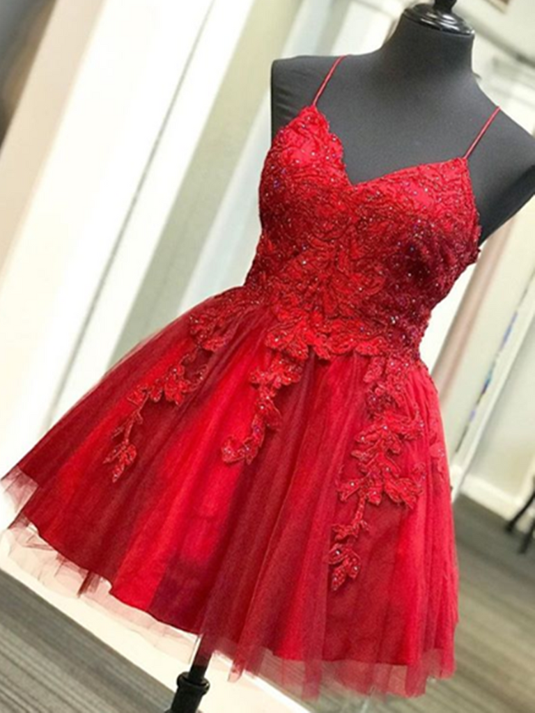 V Neck Red Lace Short Prom Dresses, Red ...